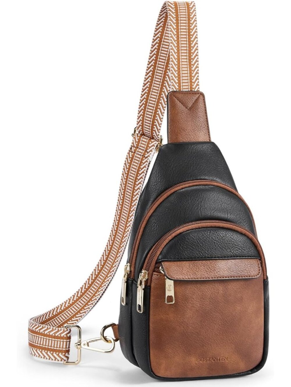 Women Brown-Black Leather Adjustable Strap Crossbody Fanny Pack Sling Chest Bag